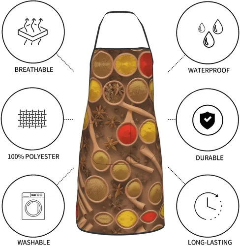 Vista 4 de Seasonings Printed Pattern Full Print Stain Resistant Apron With Pocket-Water Repellent Polyester Kitchen Apron For Cooking,Bbq,Waitress