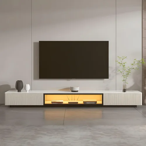 Vista 3 de LAKIQ Moderno soporte de TV de piedra con cajones de almacenamiento, consolas multimedia, sala de estar, centro de entretenimiento de pie con Champán