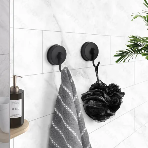Vista 5 de YOHOM Ganchos de ventosa para toallero de ducha, ganchos negros para toallas de baño, ganchos de lufa para ducha, toallero de succión de acero