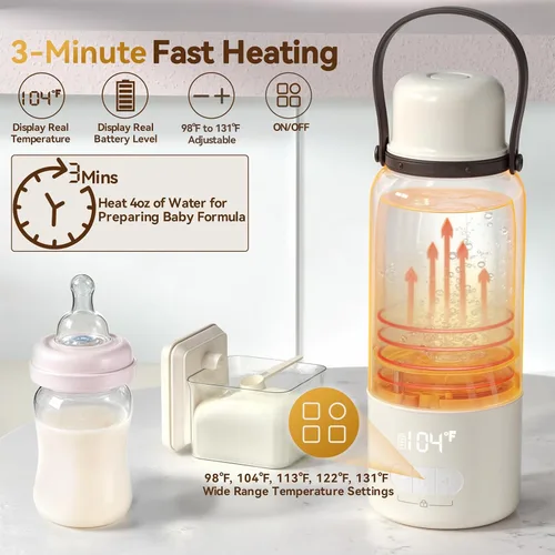 Vista 2 de Calentador de botellas portátil, 12000 mAh de larga duración, calentamiento rápido de 3 minutos para leche materna/fórmula/agua, control preciso