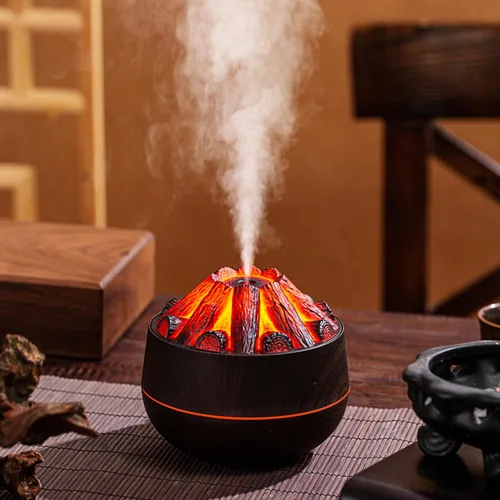 Vista 3 de Humidificador simulado de fuego de carbono de gran capacidad para oficina, diseño de fuego de carbón de leña USB, humidificador de escritorio