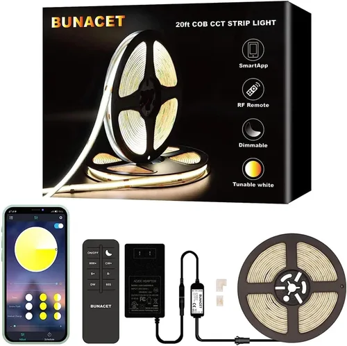 Vista 10 de Tira LED COB de 20 pies para exteriores IP67, impermeable, 6500 K de luz fría DC24V, tiras de cuerda LED flexibles con control remoto y aplicación