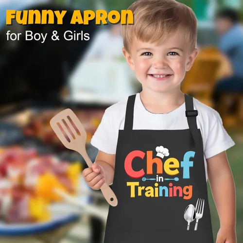 Vista 4 de Juego de Delantal y Gorro de Chef para Niños - Delantal de Cocina Ajustable para Niños con 2 Bolsillos, Negro, para Niños y Niñas de 3 a 8 Años