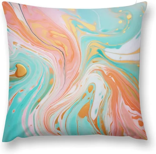 Vista 2 de Funda de almohada decorativa abstracta con textura de mármol naranja, rosa y verde, suave, doble cara, 12 x 12 pulgadas, con textura de mármol