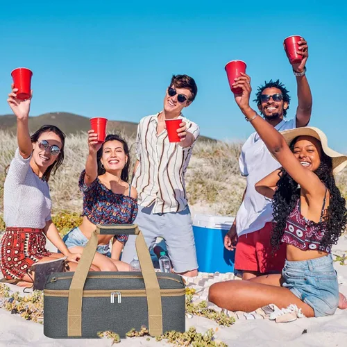 Vista 3 de Porta ollas aislada con bolsillos con cremallera, porta ollas para alimentos calientes o fríos, porta alimentos aislado para fiestas, picnics