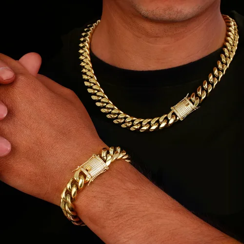 Vista 5 de PY BLING Heavy Stainless Steel Miami Cuban Link Bracelet 8mm-16mm 14k Real Gold Plated with Lab Diamond Clasp Premium Hip Hop Jewelry For Men Women