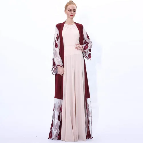 Vista 2 de Vestido musulmán para mujer de encaje recortado Abaya botón frontal musulmán Maxi Kaftan Kimono