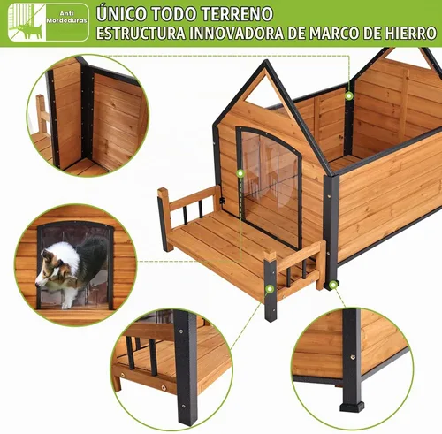 Vista 3 de Jaula de madera para perros para interiores y exteriores con marco de hierro antimasticación para perros pequeños, medianos y grandes, eleva