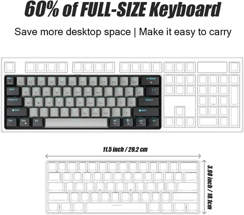 Vista 4 de abucow - Teclado mecánico 60% para juegos, interruptor azul, compacto con cable, anti-fantasma, sin conflictos, 61 teclas intercambiables, diseño