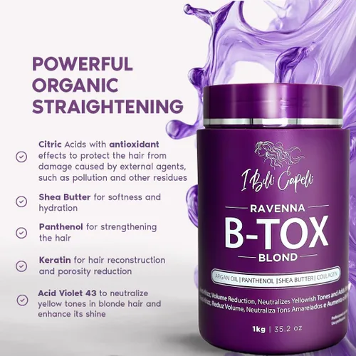 Vista 4 de I Belli Capelli Tratamiento Ravenna B-tox para cabello rubio, 35.2 oz (1kg) - Sin formaldehído, acción anti-encrespamiento, suavizante, hidratación