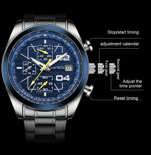 Vista 2 de Relojes de pulsera para hombre, cronógrafo, casual, de cuarzo, con correa de acero inoxidable, impermeable, taquímetro, fecha