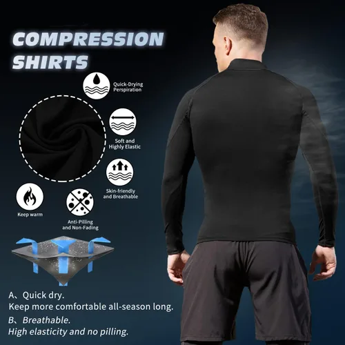 Vista 3 de Camisetas de compresión atléticas para hombre, de manga larga, camisetas de entrenamiento frescas y secas para gimnasio, camiseta deportiva activa