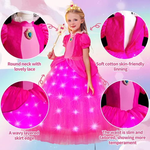 Vista 2 de CIYTI Disfraz de princesa iluminado, vestido de princesa melocotón, disfraz de cosplay para niñas, disfraz de Halloween