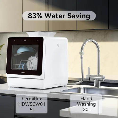 Vista 4 de Hermitlux Lavavajillas para encimera, 7 programas de lavado, mini lavavajillas portátil con tanque de agua integrado de 5 litros para apartamentos