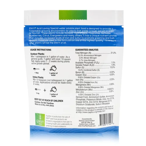 Vista 2 de ENVY Plant Foods Especial amante de los ácidos Fertilizante soluble en agua Alimento vegetal de hortensias, azaleas y bayas (0.5 libras)