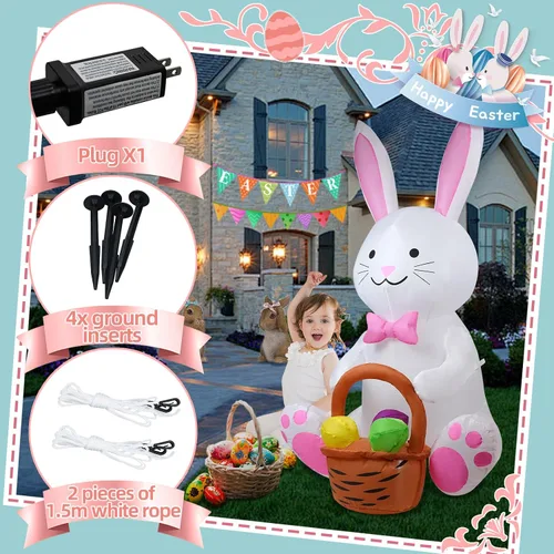 Vista 4 de [Usado] Conejo de 5 pies con una cesta de flores, decoración inflable de Pascua para patio, conejo de Pascua inflable con cesta iluminada