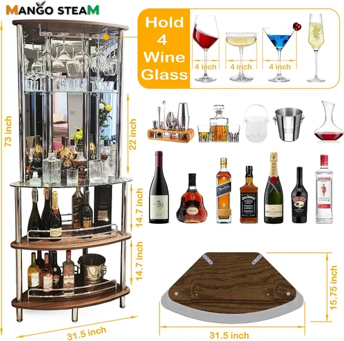 Vista 2 de Mango Steam Mesa Catalina de barra de licor contemporánea y moderna para entretenimiento en el hogar (barra de torre, transparente y marrón)