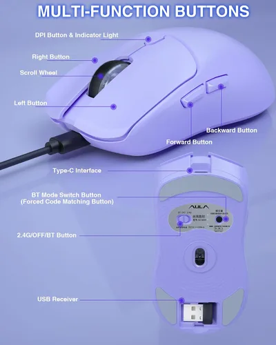 Vista 5 de AULA SC580X - Ratón inalámbrico para juegos, triple modo 2.4GBT5.0USB-C con 12000 DPI, 6 botones programables, mouse de computadora recargable