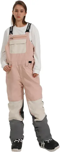 Vista 4 de GSOU SNOW Pantalones de esquí para mujer, overol con peto de nieve, impermeable, resistente al viento, aislado, correa ajustable, cálido