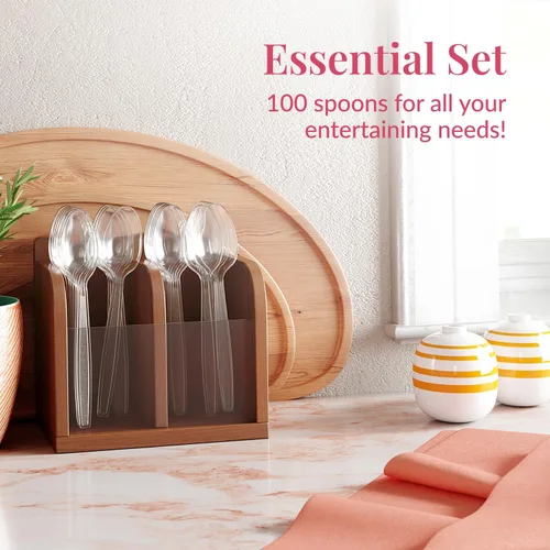 Vista 4 de Prestee Paquete de 100 cucharas de plástico transparente a granel, cucharas de plástico resistentes de 6 pulgadas para bodas, fiestas y eventos