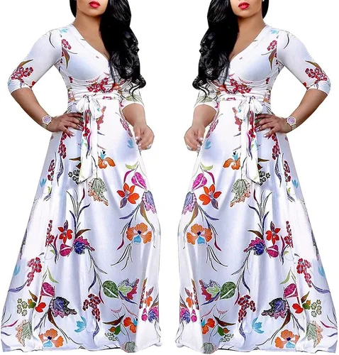 Vista 2 de SheKiss Vestido largo sexy con cuello en V para mujer manga larga floral casual holgado para fiesta graduación para mujer Varios