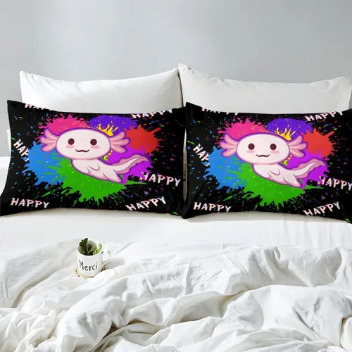 Vista 5 de Homewish Axolotl - Sábana bajera ajustable Kawaii para niños, tamaño individual, juego de ropa de cama de teñido anudado con pintura de acuarela