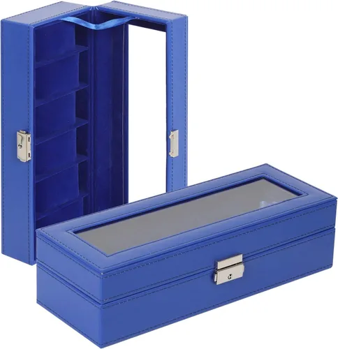 Vista 4 de NEX Caja de reloj organizador para hombres, de piel sintética superior de cristal para el almacenamiento de relojes
