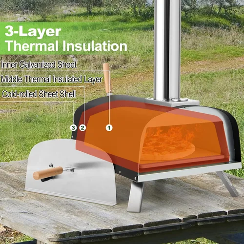 Vista 4 de Giantex Horno de pizza al aire libre, propano y leña con piedra para pizza de 13 pulgadas, cáscara de pizza, quemador de gas con regulador