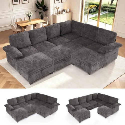 Vista 15 de Sofá cama modular modular con cama extraíble, sofá modular de 5 asientos en forma de L con almacenamiento, sofá nube, sofás seccionales convertibles