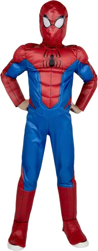 Vista 5 de Marvel Spider-Man - Disfraz oficial de Halloween para jóvenes, overol acolchado de alta calidad con máscara de tela