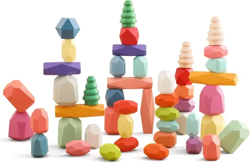 Vista 10 de OESSUF Rocas apilables extragrandes para niños pequeños de 1 a 3 años, 16 piezas de juguetes Montessori de madera, piedras de equilibrio jumbo