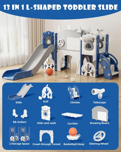 Vista 2 de XJD Tobogán para Niños Pequeños, Tobogán 13 en 1 para Niños Pequeños, Nueva Actualización con Set de Golf, Aro de Baloncesto, Pizarra de Dibujo