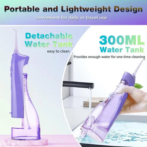Vista 2 de TOVENDOR Irrigador de agua eléctrico, irrigador oral dental recargable inalámbrico IPX7, impermeable, 10.1 fl oz, limpiador de dientes de agua