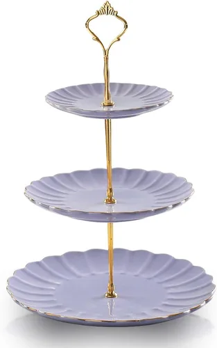 Vista 8 de Sweejar Soporte de cerámica para tartas de 3 niveles, soporte para postres, soporte para cupcakes, bandeja para servir pasteles de fiesta de té