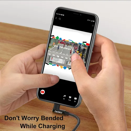 Vista 5 de Cargador corto para iPhone de 1 pie, 2 unidades [Certificado MFi], cable Lightning de 12 pulgadas de 90 grados, cable de carga de nailon trenzado