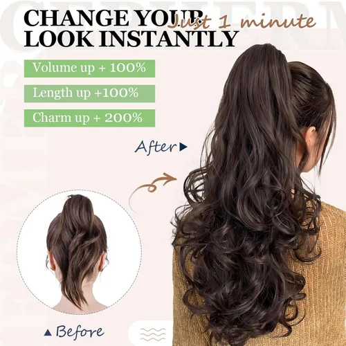 Vista 2 de Extensión de Cola de Caballo con Pinza de 18" de Largo Rizada Ondulada con Clip de Aspecto Natural Extensión de Cabello Sintético Postizo de Cola