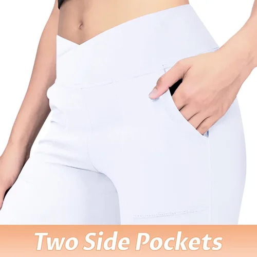 Vista 4 de Leggings para niñas, pantalones acampanados cruzados con bolsillos, color negro, suaves, elásticos, de cintura alta, para niños, yoga, danza