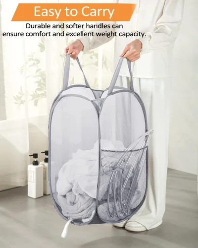 Vista 5 de Cestas de lavandería plegables duraderas, cesta de lavandería plegable con bolsillo lateral, cestas de ropa resistentes a desgarros para baño Gris