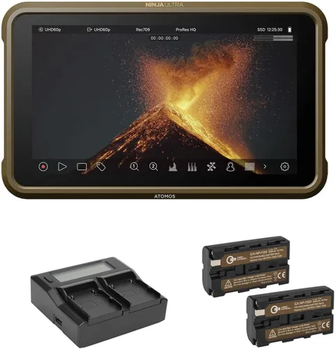 Vista 8 de Atomos Ninja Ultra - Grabador de monitor HDR de 5.2 pulgadas, paquete con 2 baterías NP-F550 y kit de placas base de pantalla LCD de cargador