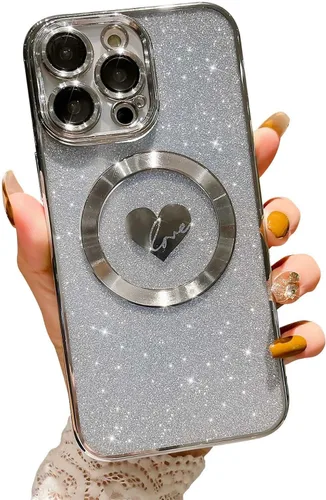 Vista 10 de Funda compatible con iPhone 11 Pro Max de 6.5 pulgadas con Magsafe, funda magnética de corazón chapado con purpurina para mujeres y niñas