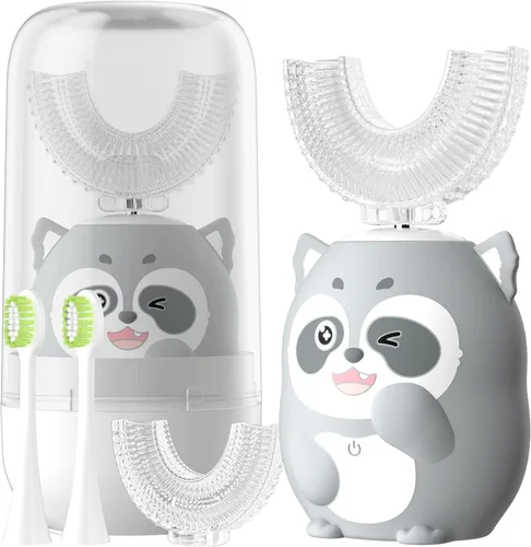 Vista 11 de Cepillo de dientes eléctrico en forma de U para niños, cepillo de dientes automático sónico de dinosaurio con 6 cabezales de cepillo, boca completa