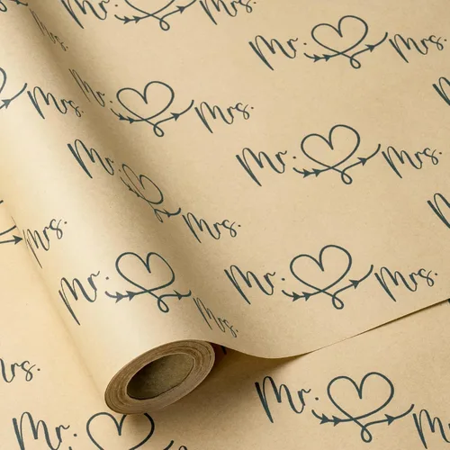Vista 9 de RUSPEPA - Rollo de papel para envolver regalos de boda, mini rollo, diseño en blanco y negro de Sr. y Sra. con patrón de corazón y flecha, papel