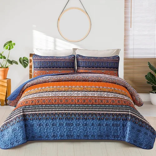 Vista 31 de WONGS BEDDING Juego de edredón bohemio tamaño individual, juego de ropa de cama azul bohemio individual, colcha de microfibra ligera con funda