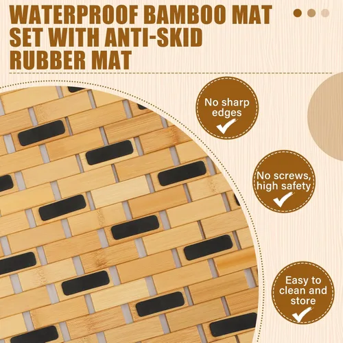 Vista 4 de Barydat Juego de 2 tapetes de baño de bambú para bañera larga y grande, antideslizante, tapete de ducha de bambú, tapete de madera impermeable