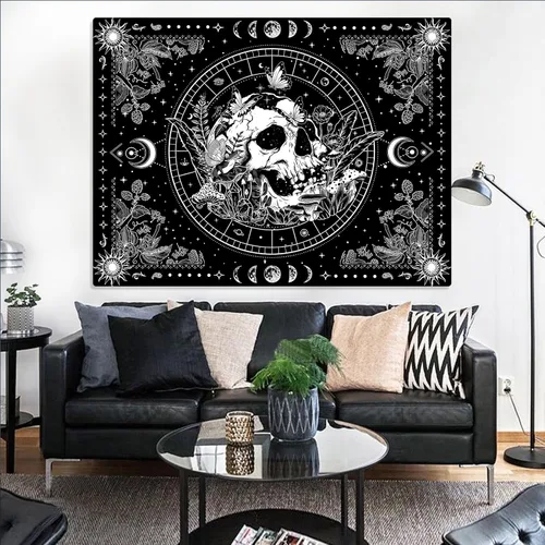 Vista 6 de Aipon Tapiz de esqueleto en blanco y negro para dormitorio, tapiz de calavera, setas, tapices hippie, plantas naturales, flores florales, tapiz