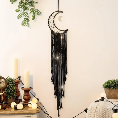 Vista 11 de Atrapasueños de luna de macramé para niña, atrapasueños de media luna azul estilo bohemio para dormitorio de adultos, adorno hecho a mano