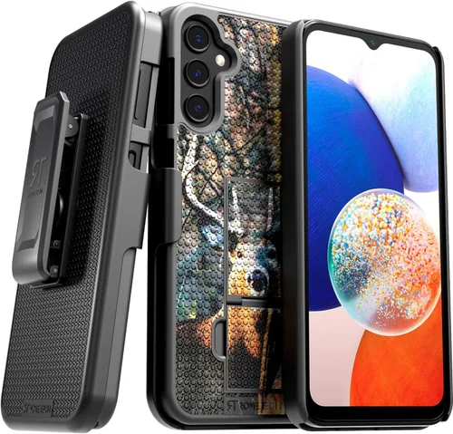 Vista 9 de Funda diseñada para Samsung Galaxy A14 5G con funda de clip para cinturón, funda de soporte para teléfono, color negro