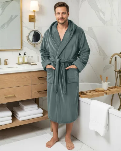 Vista 2 de NY Threads Bata de baño con capucha para hombre, de felpa de lujo, con capucha, bata de baño de spa para hombre