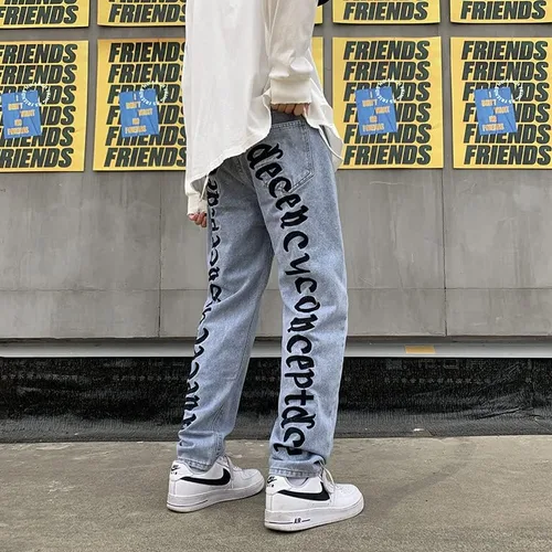 Vista 5 de Jeans para hombre, con letras bordadas, sueltos, estilo hip hop, vintage, holgados, pantalones de monopatín, ropa de calle