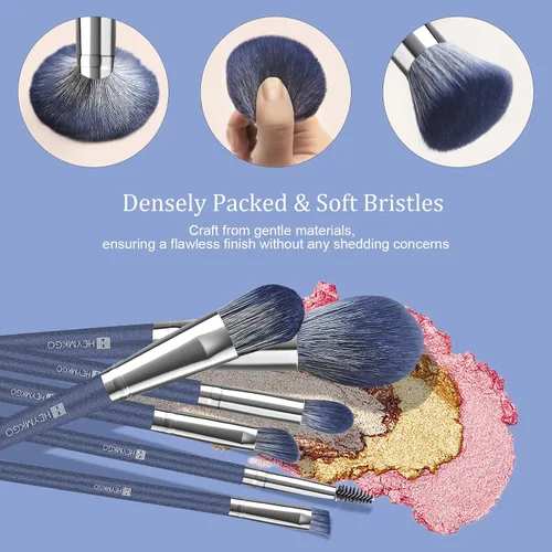 Vista 7 de HEYMKGO Juego de 11 brochas de maquillaje verdes con 16 brochas de maquillaje azules, profesionales suaves y densos para mezclar pulir contornos